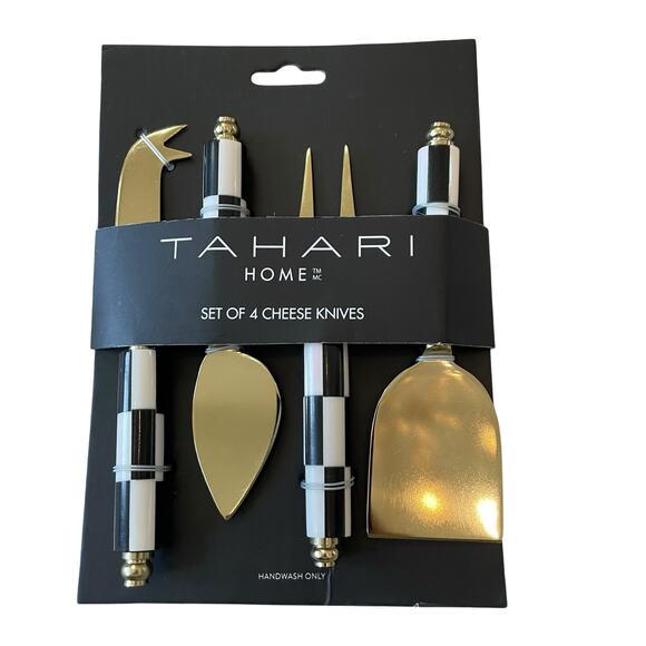 Tahari Home Set of 4 Cheese Knives Black & White Checkered Gold Glam New - Picture 5 of 8